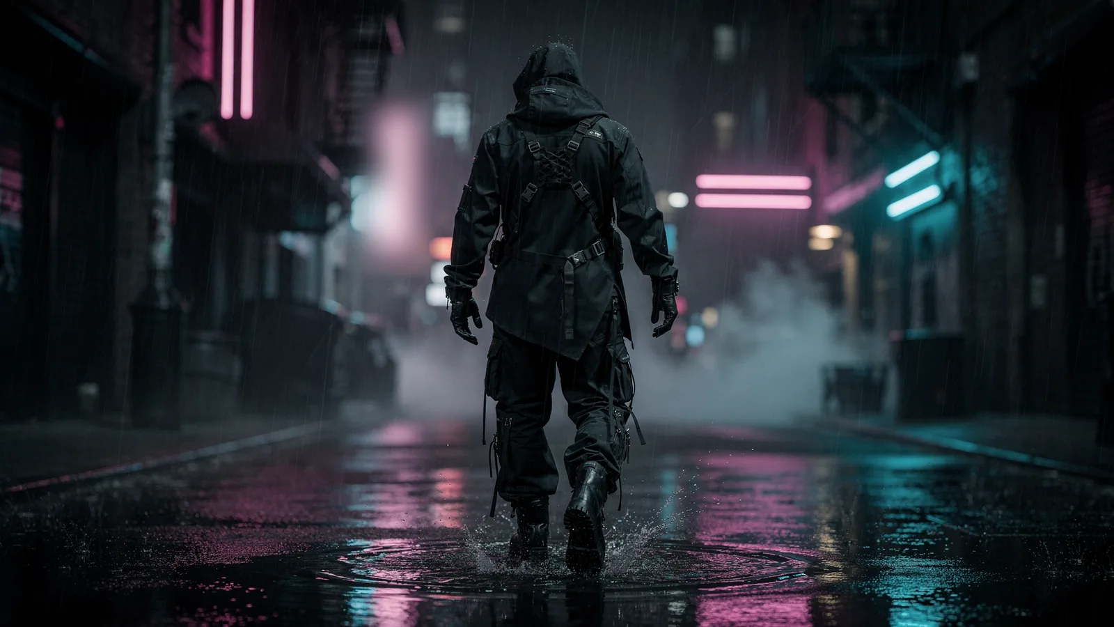 A lone figure in a hooded jacket on a wet, foggy city street at night
